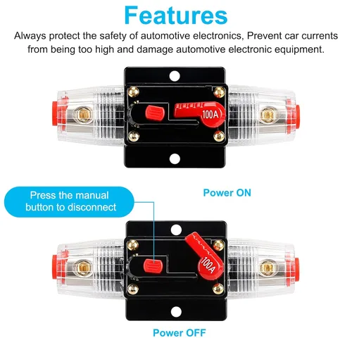 Vista 3 de Disyuntor de audio de 100 amperios, portafusibles de 12 V-24 V CC, interruptor de interruptor de 20 a 300 A, disyuntor en línea con botón