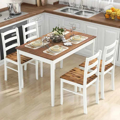 Tangkula - Juego de mesa de comedor para 4, madera maciza, juego de comedor de estilo granja con patas de madera de goma, diseño moderno de mediados