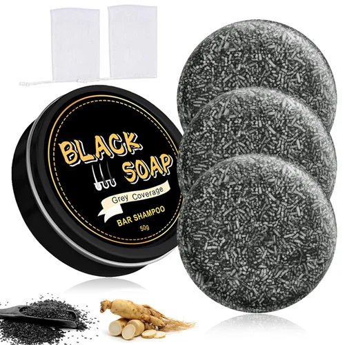 Vista 8 de Atsy Jabón en barra de cabello gris, jabón negro natural para cobertura de cabello gris, barra de champú oscurecimiento con ginseng y sésamo negro