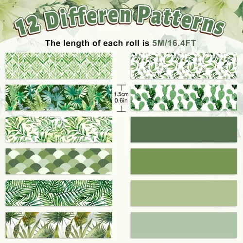 Vista 2 de Whaline 12 Rollos Cinta Washi de Vegetación Cinta Washi de Hojas Verdes Variadas Plantas Temática Cinta Decorativa de Enmascarar para Álbum