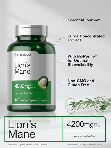 Vista 4 de Horbäach extracto de hongo melena de león 4200mg 120 cápsulas suplemento vegetariano, no transgénico, sin gluten