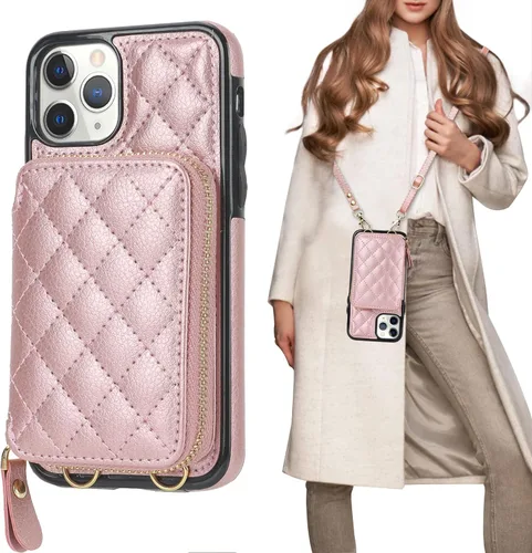 Vista 10 de Bocasal Funda tipo cartera cruzada para iPhone 11 Pro, de piel sintética con bloqueo RFID, con cremallera, funda tipo cartera con función atril