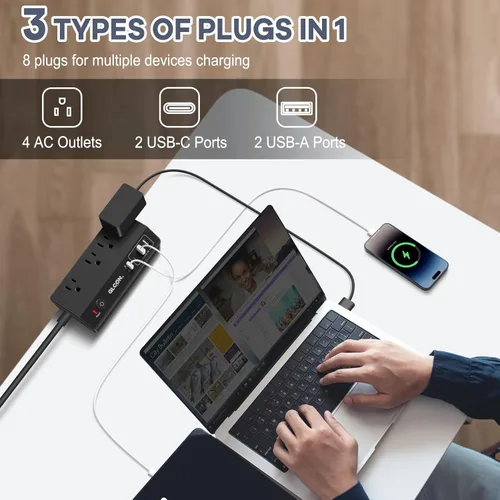 Vista 2 de Regleta de Energía con Abrazadera para Escritorio - Estación de Carga Rápida USB C de 20W - Regleta de Energía para Escritorio con Enchufe Plano