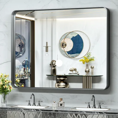 Vista 69 de TokeShimi Espejo de pared de baño de níquel cepillado de 20 x 30 pulgadas, marco de metal, esquina redonda, rectangular, para decoración del hogar