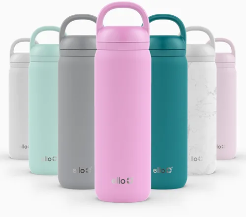 Vista 26 de Ello Cooper Twist - Botella de agua de acero inoxidable de 32 onzas con tapa popote A prueba de fugas Doble pared y aislada al vacío Asa