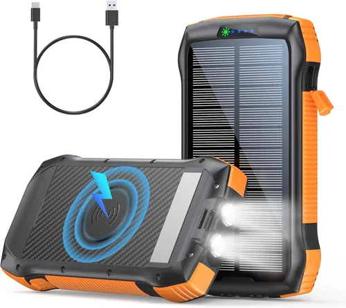 Cargador solar, cargador portátil inalámbrico de 40000 mAh, QC3.0 PD de 20 W, carga rápida con entrada USB-C, batería externa con linternas duales,