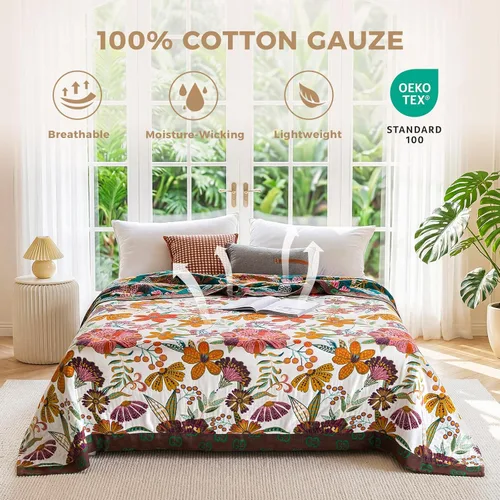 Vista 2 de Cobija para cama de estilo bohemio, 100 % algodón, ultra suave, edredón rústico, cobija de otoño, estampado floral, decoración de granja, cobija