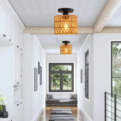 Vista 4 de Lámpara de Techo, Lámpara de Techo de Ratán Tejida a Mano de Montaje Empotrado, Lámparas de Techo Estilo Granja Montaje de Techo Boho para Pasillo