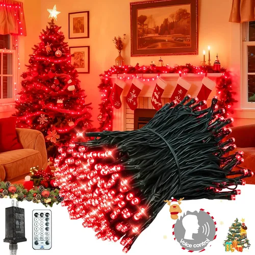 Vista 32 de Tira de luces de Navidad conectables de 100 LED de 42 pies, 13 modos, para interiores y exteriores, cable verde extensible, luces blancas frías