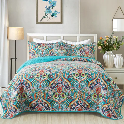 Vista 7 de VAPUTAR Edredones de Algodón Tamaño Queen, Juego de Ropa de Cama Edredón Queen con Patrón Damasco Bohemio-3 Piezas Colcha Ligera Suave Tamaño Queen