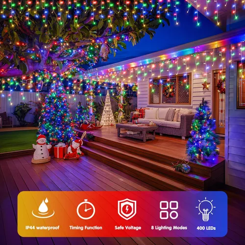 Vista 2 de JMEXSUSS 400 luces LED de Navidad de carámbano de 38.8 pies con control remoto, tira de luces multicolor para exteriores enchufables, 8 modos