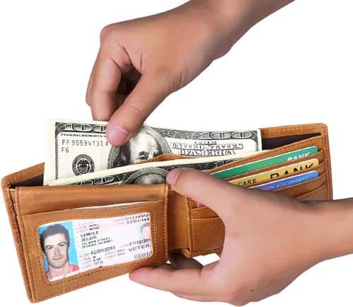 Vista 6 de FALAN MULE Cartera de cuero genuino para hombre, con bloqueo RFID, billetera plegable con 2 ventanas de identificación, Caqui, Classic