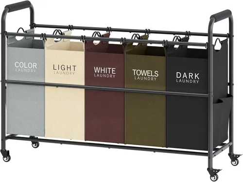 Carrito clasificador de ropa Tajsoon de 5 bolsas, cesto clasificador de ropa con ruedas rodantes y candados resistentes para almacenamiento de ropa,