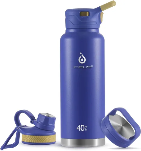 Vista 61 de IDEUS Botella de agua aislada de acero inoxidable con 2 tapas a prueba de fugas, termo para senderismo, ciclismo, 32 onzas, violeta