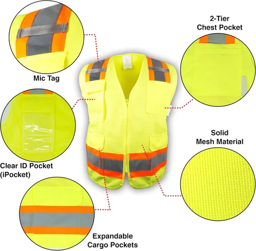Vista 3 de Surveyor Lime - Chaleco de seguridad de dos tonos, ANSI/ISEA 107-2015, bolsillo para identificación con foto (pequeño)