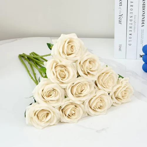 Vista 5 de 10 rosas artificiales abiertas, tallos de rosas artificiales para arreglos de boda, ramo de novia, centro de mesa, flores de seda sintética falsas