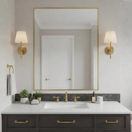 Vista 34 de 24x24 Inch Black Bathroom Mirror for Wall, Aluminum Frame Rectangle Rectangular Vanity Mirror, Modern Large for Bedroom, Living Room, Horizontal or