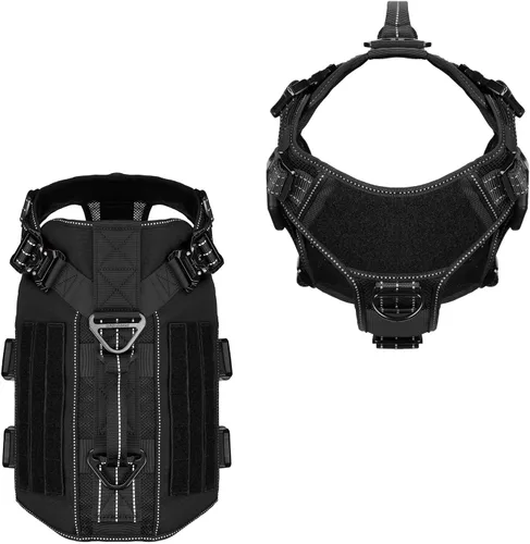 Vista 5 de ICEFANG - Arnés táctico de malla para perros grandes, chaleco MOLLE reflectante con hebillas de metal, paneles de velcro, clip frontal sin tirones
