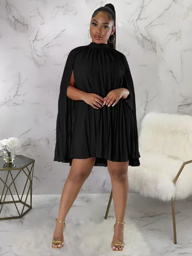 Vista 3 de Vestido corto plisado con mangas de capa para mujer, corte holgado, para cóctel, fiesta, vestido fluido