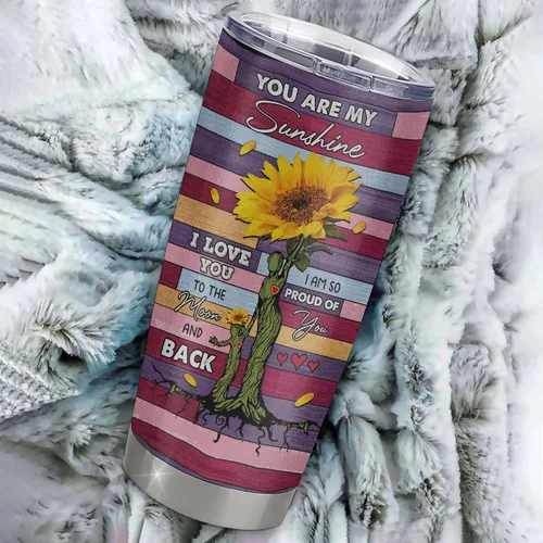 Vista 2 de Vaso de acero inoxidable personalizado con texto en inglés «To My Bonus Daughter From Stepmom», vaso curvado de 20 onzas con diseño de girasol
