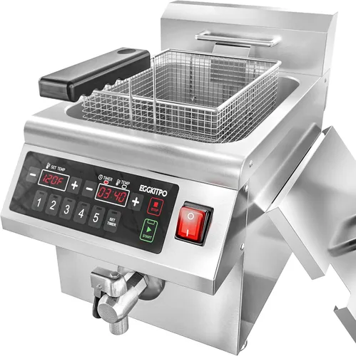 EGGKITPO 12.6 QT Commercial Induction Fryer with Timer, Drain Electric Deep Fryer with Basket 12 L Large Tabletop fryer for Commercial Business,