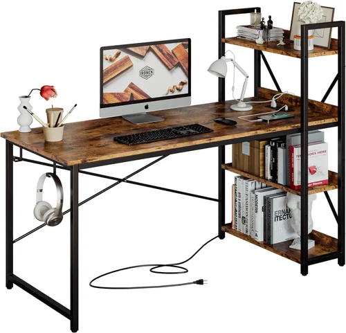 Vista 11 de Escritorio IRONCK para computadora de 47 pulgadas con toma de corriente y estantes de almacenamiento, mesa de estudio con estación de carga