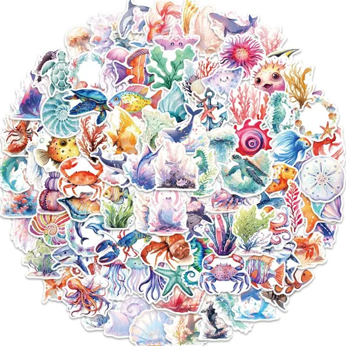 Vista 8 de Calcomanías estéticas de animales del océano para adultos, lindas calcomanías de vinilo impermeables de vida marina a granel, 50 calcomanías