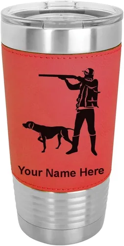 Vista 20 de LaserGram 20oz Vacuum Insulated Tumbler Mug, Hunter with Dog, Personalized Engraving Included (Faux Leather, Baseball Style)