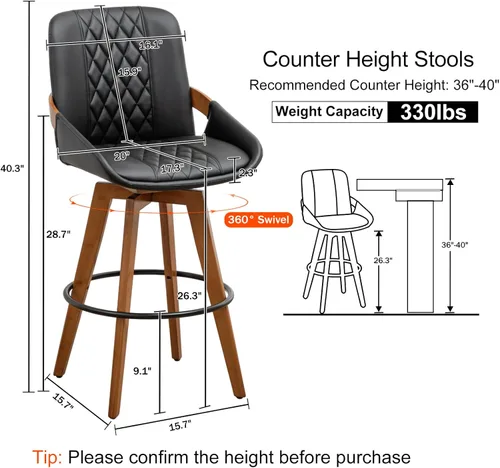 Vista 2 de 26 Inch Counter Height Bar Stools Set of 1, Upholstered PU Swivel Counter Stools with Curved Back and Arms, Modern Mid Century Stools for Kitchen
