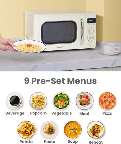 Vista 3 de COMFEE' Horno de microondas pequeño retro con tamaño compacto, 9 menús preestablecidos, plato giratorio con memoria de posición, función