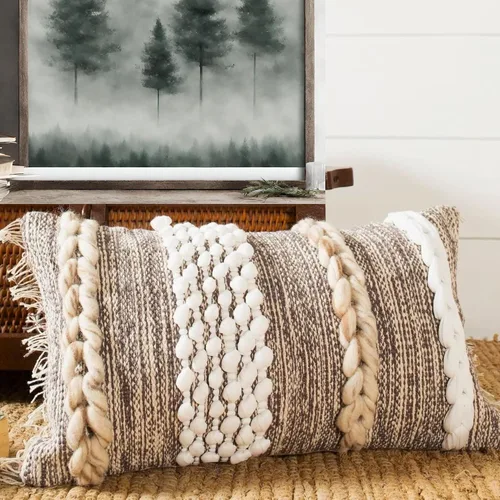 Vista 4 de Funda de almohada decorativa bohemia chic tejida a mano de algodón con mechones, almohadas decorativas neutras para sillón, sofá o cama, decoración