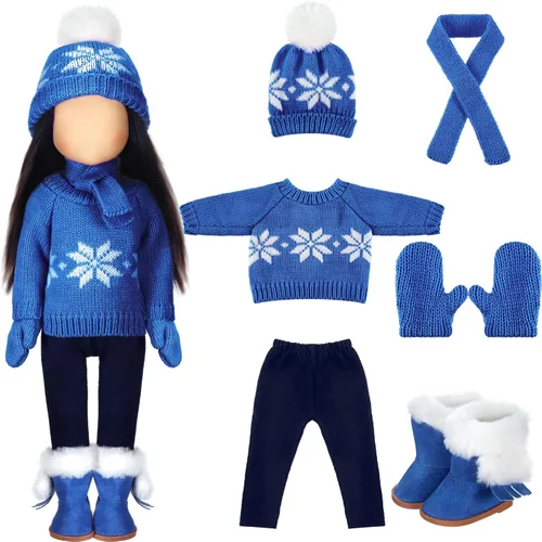 Vista 13 de Bencailor 6 piezas de ropa y accesorios de Navidad para muñeca de 18 pulgadas, conjunto de ropa de invierno con suéteres, pantalones, sombreros