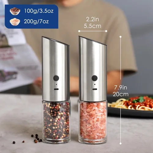 Vista 4 de Vzaahu Gravity - Molinillo eléctrico de pimienta y sal - Juego de 2 molinillo de sal y pimienta recargable de acero inoxidable con luz LED, plateado