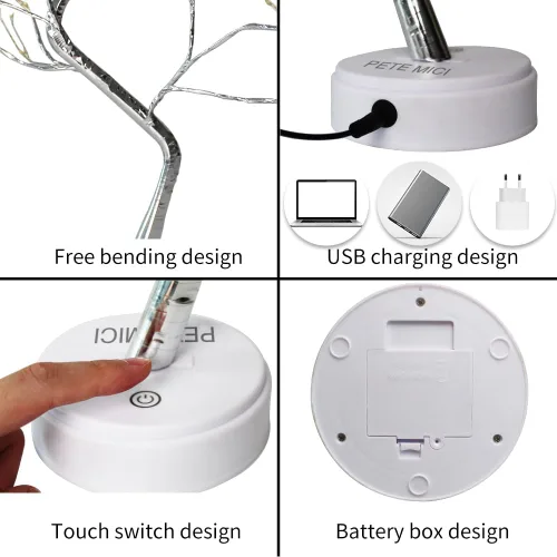 Vista 4 de pete mici 108 luces LED de árbol bonsái de mesa, 8 modos de 20 pulgadas, luz artificial blanca cálida, funciona con batería/USB, lámpara de árbol