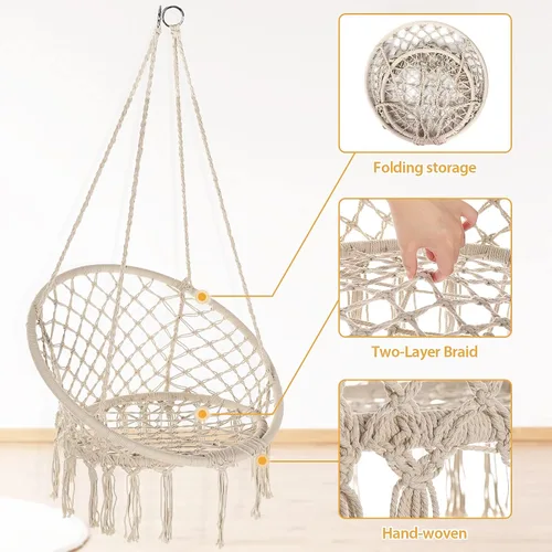 Vista 2 de Garpans Hamaca de macramé, estilo bohemio, hamaca con borlas, columpio colgante hecha a mano, cuerda de algodón tejida a mano para interiores y Beige