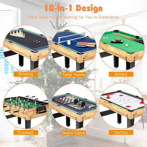 Vista 2 de GYMAX Mesa de Juegos Múltiples, Mesa de Juegos Combinada 10 en 1 con Mesa de Futbolín, Hockey, Mesa de Billar, Ping Pong, Shuffleboard, Bolos y 4