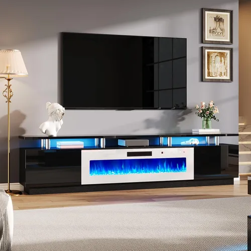 Vista 21 de AMERLIFE - Soporte de TV con chimenea de 36 pulgadas en blanco, centro de entretenimiento con chimenea moderna de 70 pulgadas con luces LED