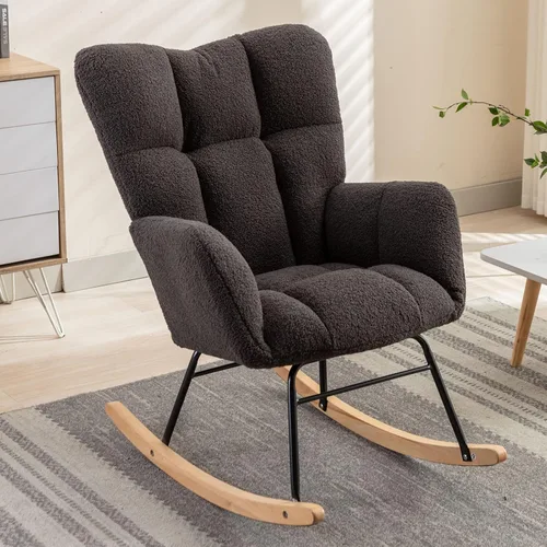 Vista 8 de Silla mecedora moderna para cuarto de bebé, silla deslizadora tapizada con respaldo alto, sillón de acento mecedor con patas de madera maciza
