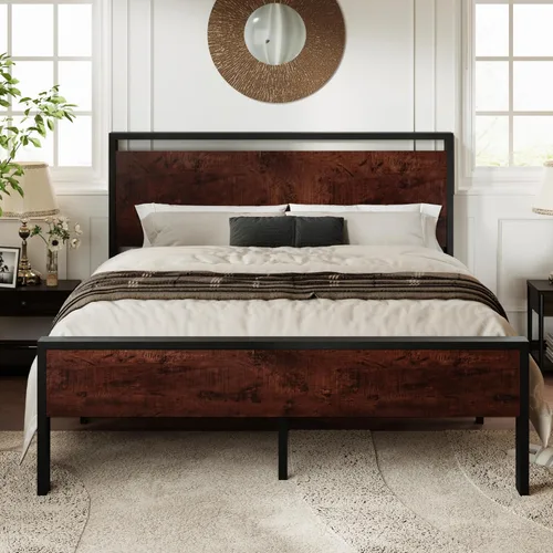 Vista 12 de Base de cama Allewie de tamaño individual con cabecero y pie de cama de madera, soporte de listones de metal resistentes, no requiere somier