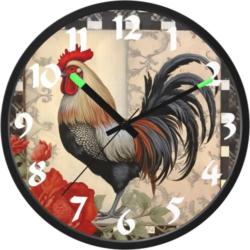 STAYTOP Retro Red Rooster LED Wall Clock for Bedroom Night Glow,12 Inch Silent Light Up Wall Clocks for Living Room Decor, Sound Control Modern Wall