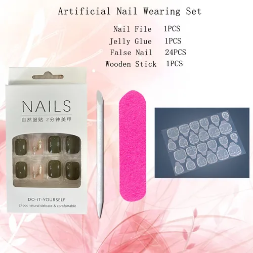 Vista 6 de Uñas postizas cortas a presión cuadradas con diseño de lámina dorada, uñas postizas de leopardo verde, uñas acrílicas de cobertura completa, uñas