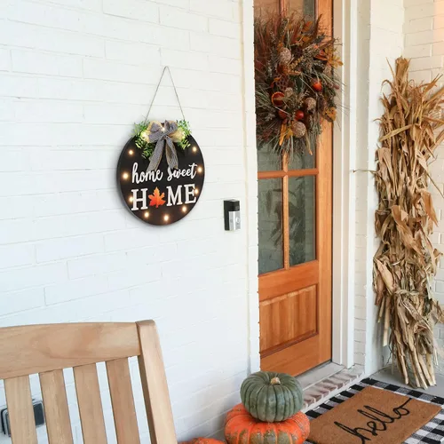 Vista 8 de Letrero de bienvenida intercambiable para puerta delantera con 14 iconos intercambiables, decoración de porche delantero de granja, letrero de pared