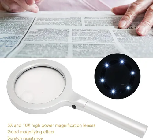 Vista 3 de Lupa, lupa decorativa, lupa de mano 5X 10X, lupa de mano con 2 luces LED, lupa iluminada con dos niveles de brillo, lupa de lectura