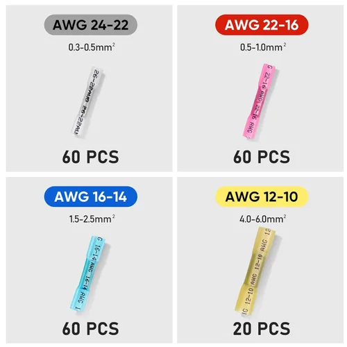 Vista 6 de TICONN Kit de 200 conectores termorretráctiles AWG, 24 10 4 tamaños, empalme a tope de 4 tamaños, aislados, impermeables, eléctricos, marinos