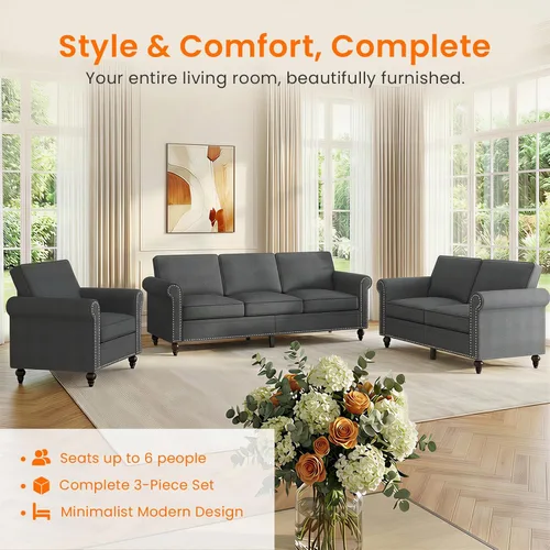 Vista 5 de CECER Juego de sofá de 3 piezas para sala de estar, juego de sofá de tela de lino con ribete de cabeza de clavo, moderno sofá modular tapizado de 6