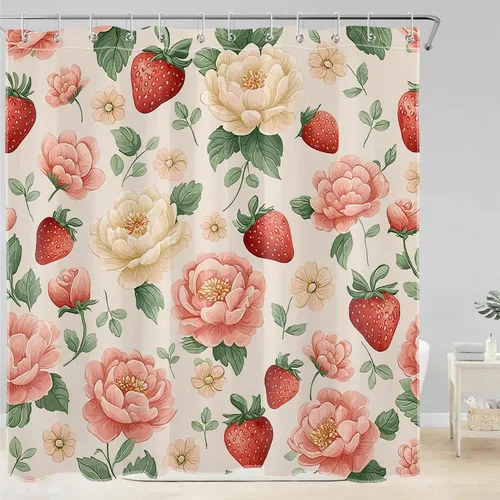 Cortina de ducha floral de fresa roja con ganchos, frutas de verano y flores rosas crema, cortina de ducha de tela de plantas botanciales, juego de