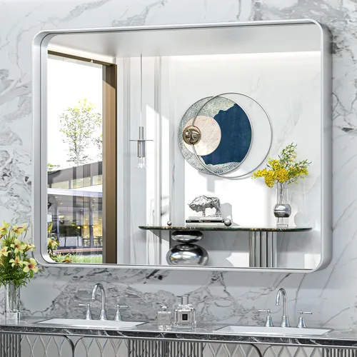 Vista 87 de TokeShimi Espejo de pared de baño de níquel cepillado de 20 x 30 pulgadas, marco de metal, esquina redonda, rectangular, para decoración del hogar