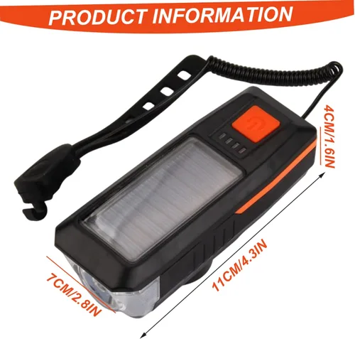 Vista 2 de Luz delantera para bicicleta, luces USB y luz solar recargable frontal con bocina súper brillante impermeable 3 modos de linterna para ciclismo