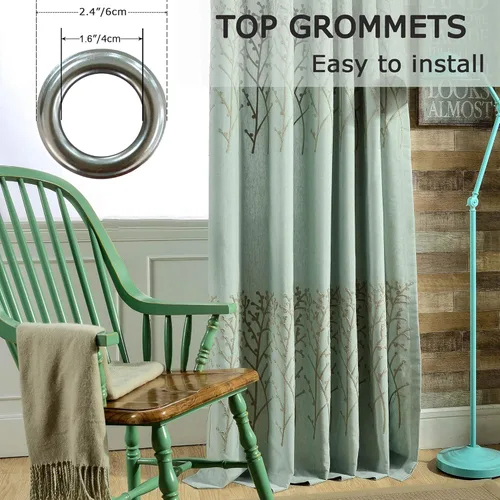 Vista 5 de Vogol - Cortinas de 2 paneles con ramas bordadas de lino sintético con ojales, cortinas para dormitorio y sala de estar, cortinas de ventana