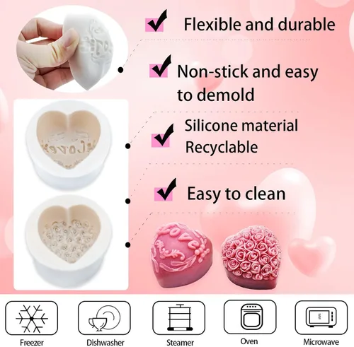 Vista 7 de 4 moldes de silicona para fondant para el día de San Valentín, en forma de corazón 3D con forma de corazón de flor de rosa de amor para Acción